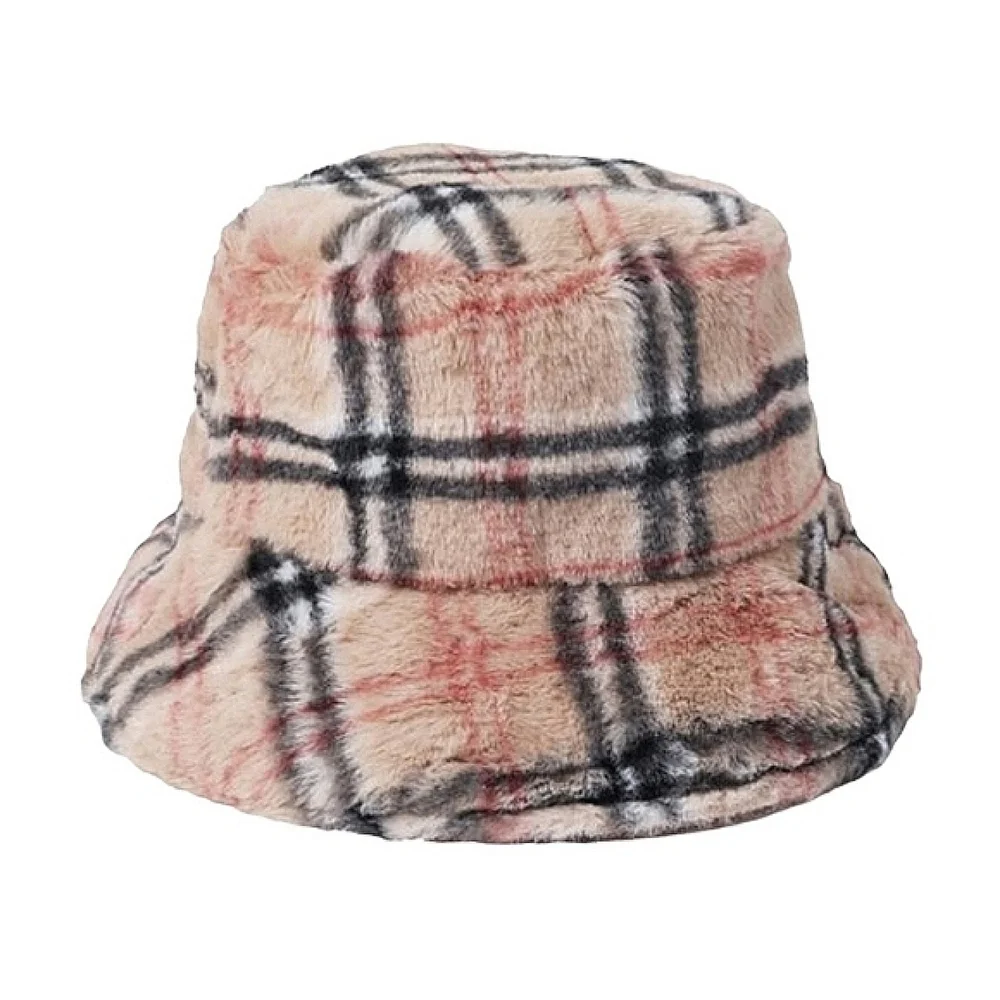 Tartan Plaid Print Faux Fur Camel Fluffy Hat OS